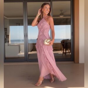 AMUR Loralie Pleated Halter Asymmetric Hem Gown in Dusty Lilac Size 4